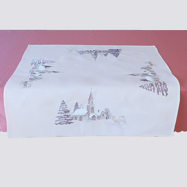 Tafelkleed - linnenlook - Kerst - wit met kerkje en rendieren - sneeuw - Vierkant 110 x 110 cm