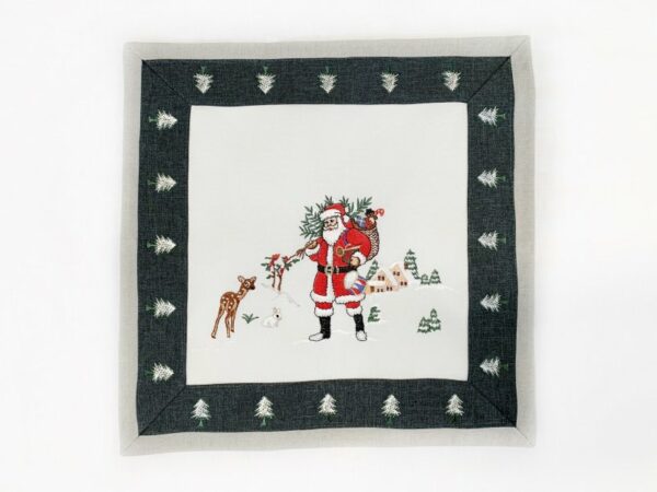 Kerstkleed Linnenlook Wit - grijze rand met Kerstman en Hert - Vierkant 30 cm