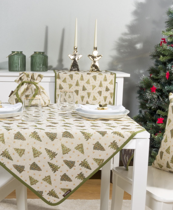 Tafelkleed - Luxe gobelinstof - Kerstbomen - Tree – All Over – Kerst - Goud glitterdraad - Rechthoek 220 x 140 cm