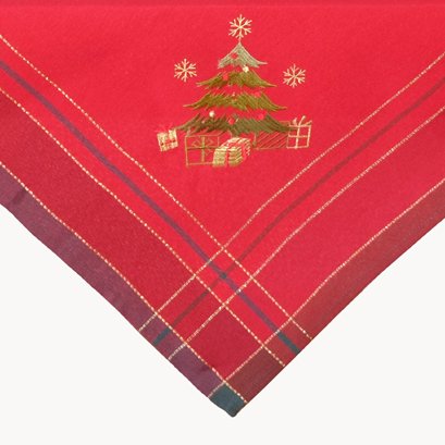 Tafelkleed - Linnenlook - Kerst - Rood met kerstboom - Vierkant 85 x 85 cm