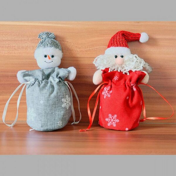 Kerstpoppetjes - Set van 2 - Linnenlook - Sneeuwpop en kerstman - Rood en grijs