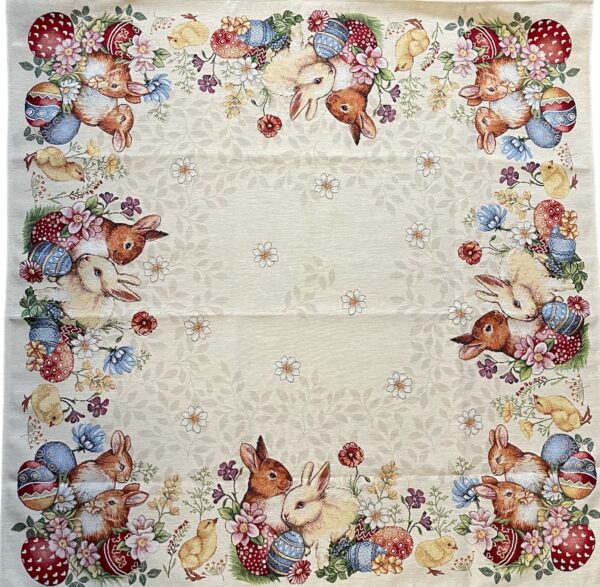 Tafelkleed - Luxe Gobelinstof - Pasen - Creme - Met konijntjes - Vierkant 100 x 100 cm