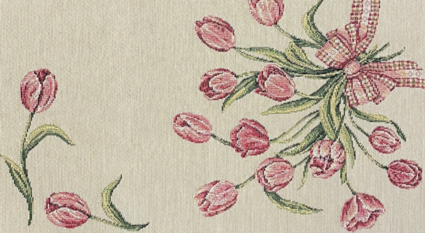 Tafelkleed - luxe Gobelinstof - boeket Tulpen met ruiten rand - Tulp - Bloemen - Vierkant 100 x 100 cm